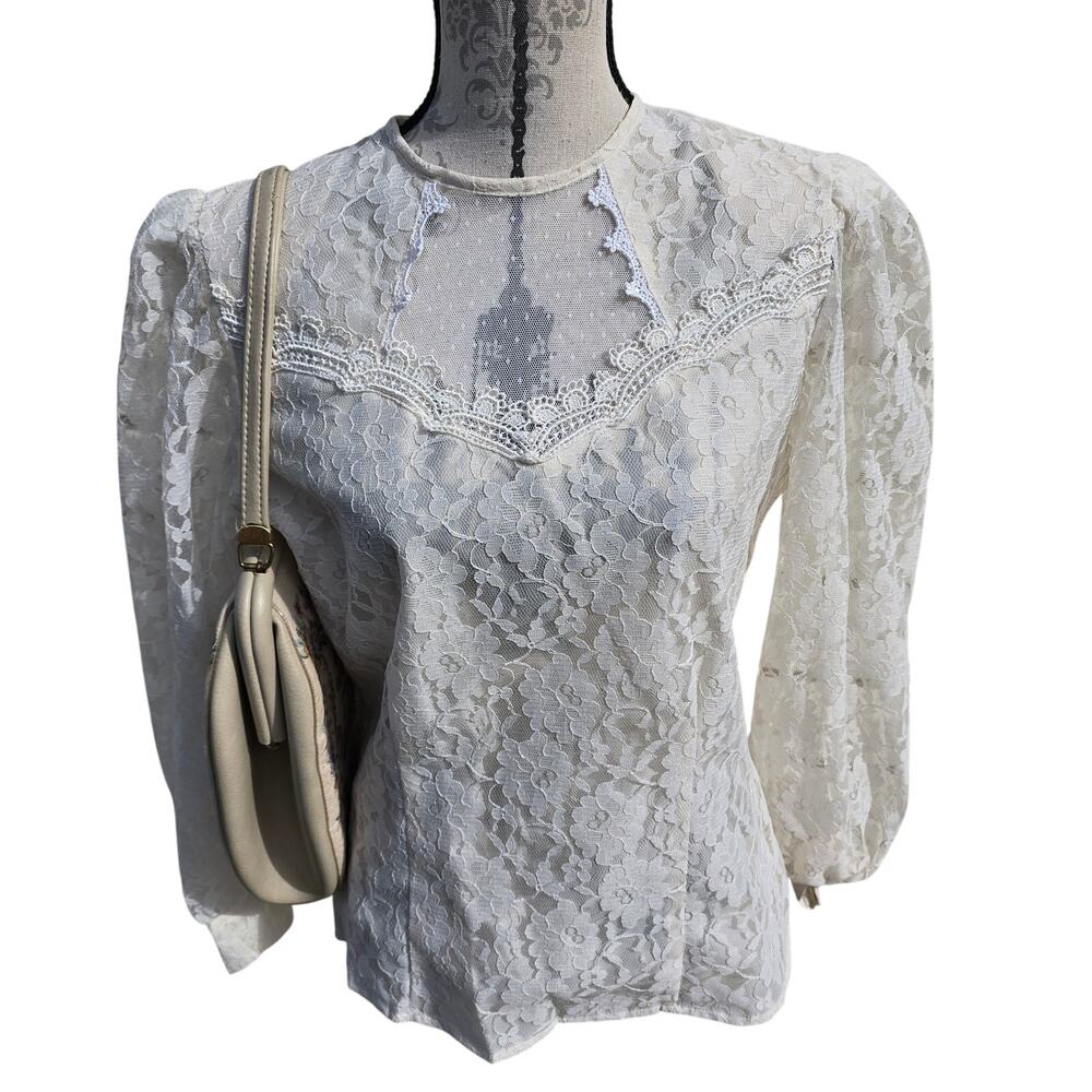 Vintage Cottagecore Laura & Jayne Collection White Lace Blouse Size 10